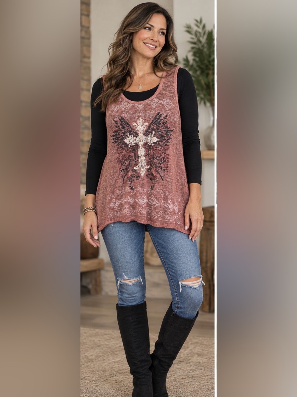 Vocal Dark Dusty Rose Graphic Winged Cross Longline Sweater Tank Top